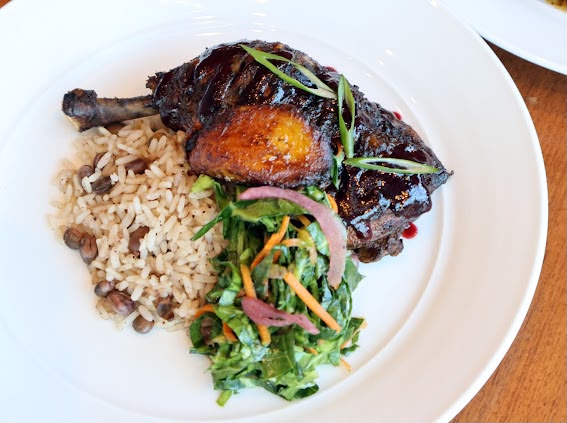 Jerk Chicken w Rice & Peas, Kale Salad, Fried Plantain